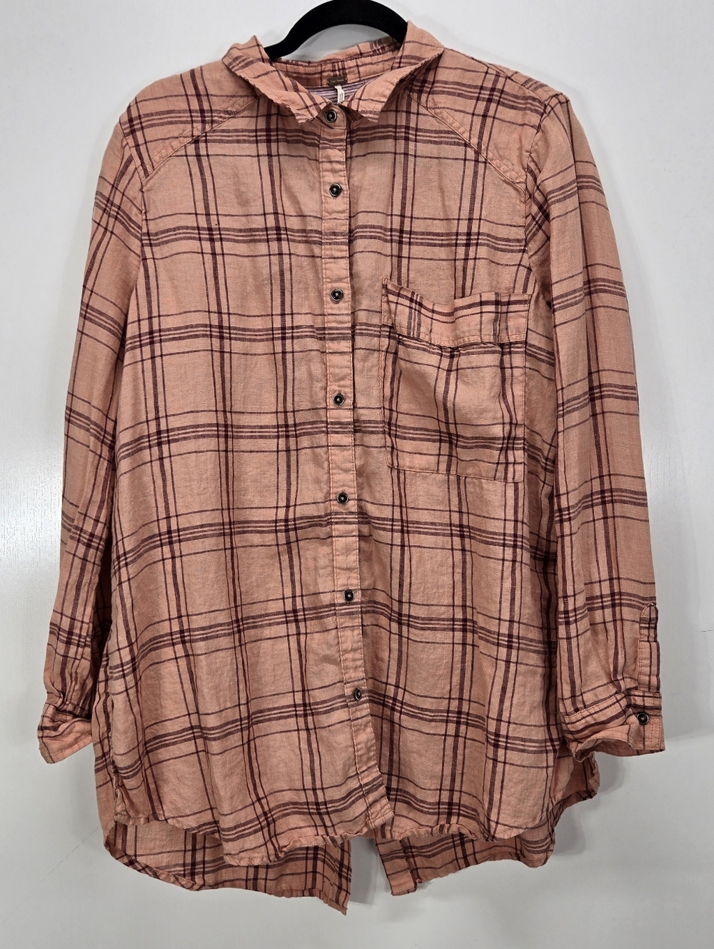 Free People No Limits Peach Plaidโ Button Down Button Back Shirt Blouse Linen L